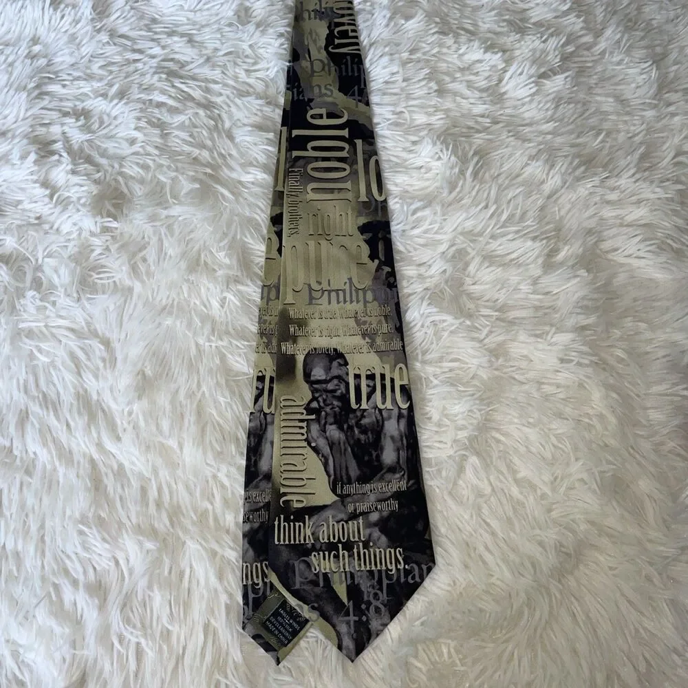 Eagles Wings Thinker Philippian Christian Necktie 100%Silk Gray Beige 4”W X 57”L